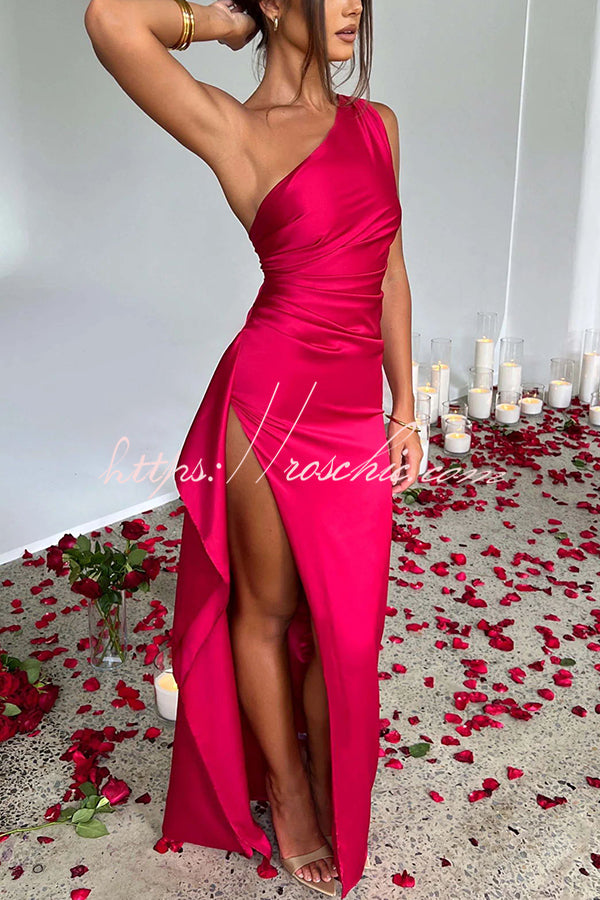 Satin One Shoulder Maxi Dress with Thigh-High Slit