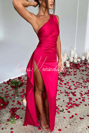 Satin One Shoulder Maxi Dress with Thigh-High Slit