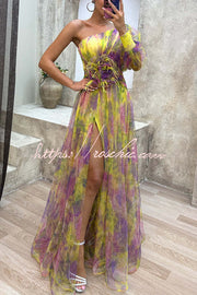 Tulle One-Shoulder Floral Pleated Slit Maxi Dress