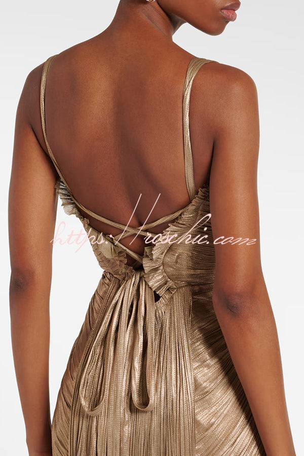 Metallic Pleated Maxi Dress with Sweetheart Bodice & Lace-Up Back