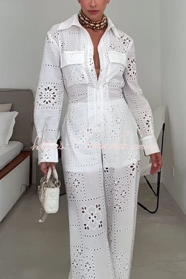 Embroidered Lace Long Sleeve Jumpsuit with Elastic Waist