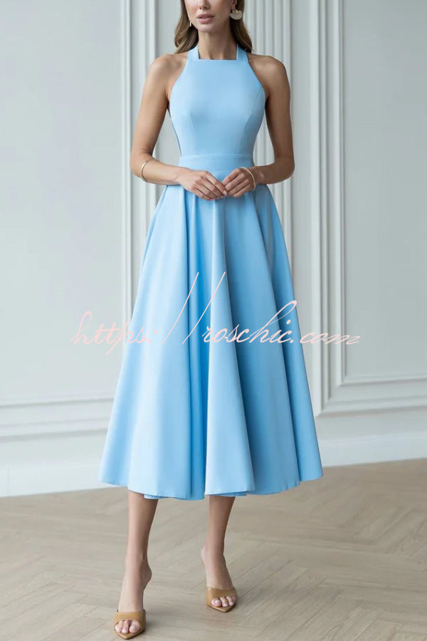 Halter Neck Bow Tie Midi Dress – Waist-Cinching Style