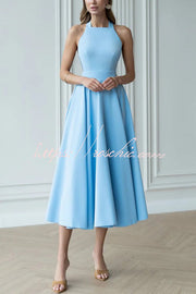 Halter Neck Bow Tie Midi Dress – Waist-Cinching Style