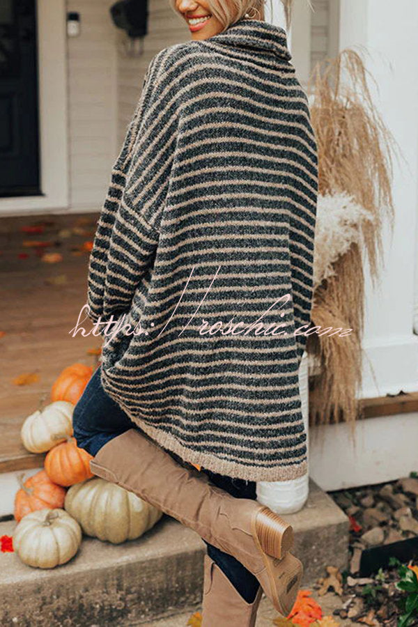 Striped Tunic Sweater with Pockets – Loose High Neck