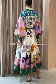 Linen Blend Balloon Sleeve Midi Dress with Belt