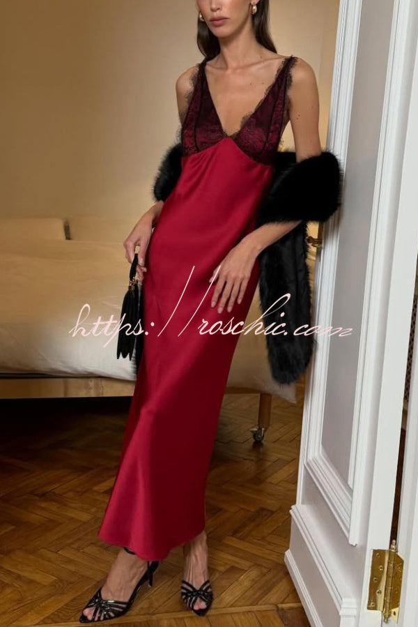 Satin Lace Patchwork Backless Maxi Dress – Slim Fit