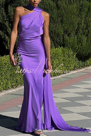 Satin One Shoulder Backless Cape Maxi Dress