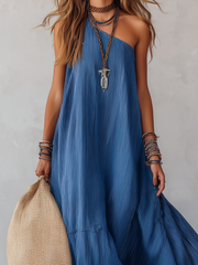 Royal Blue Striped Off-the-Shoulder Maxi Dress