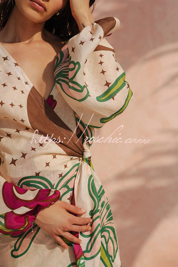 Linen Blend Balloon Sleeve Tie-Up Maxi Dress | Unique Print