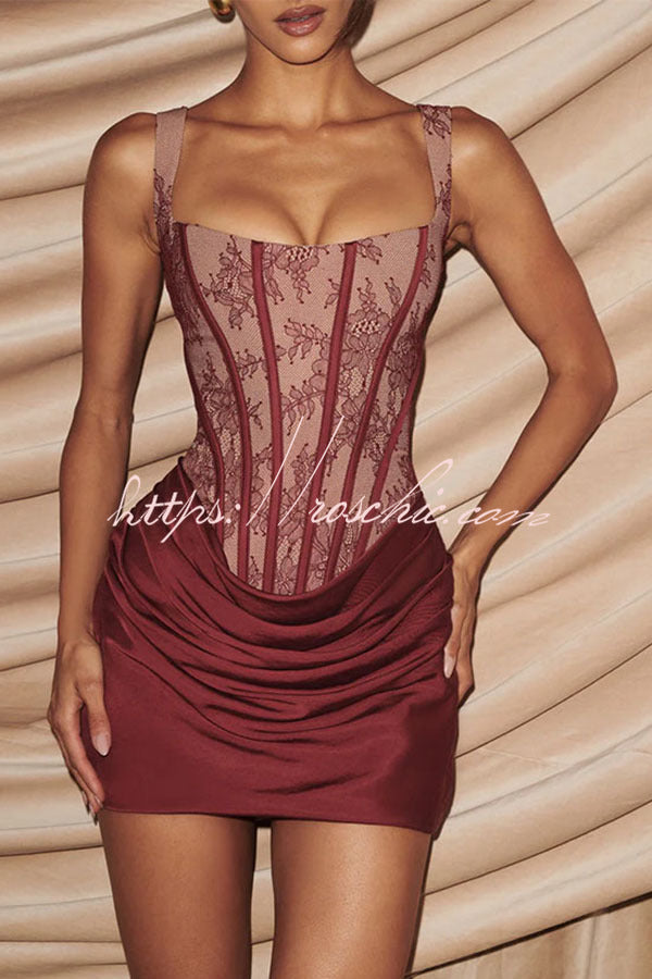 Floral Lace Corset Mini Dress with Satin Hem