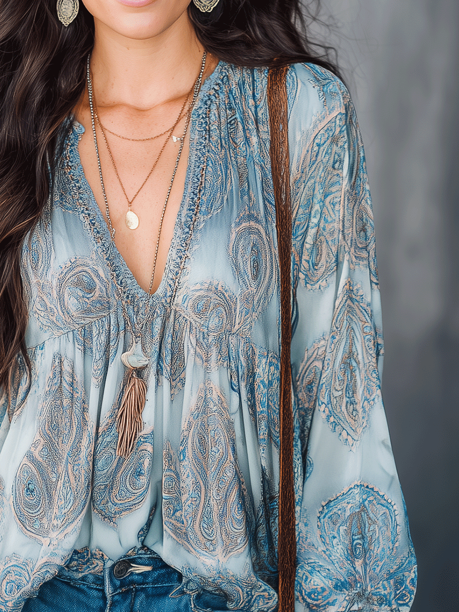 Paisley Print V-Neck Ruched Bust Flowy Long Sleeve Blouse