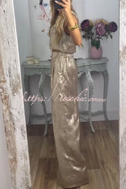 Metallic Fabric Crop Tank & Wide Leg Pants Set