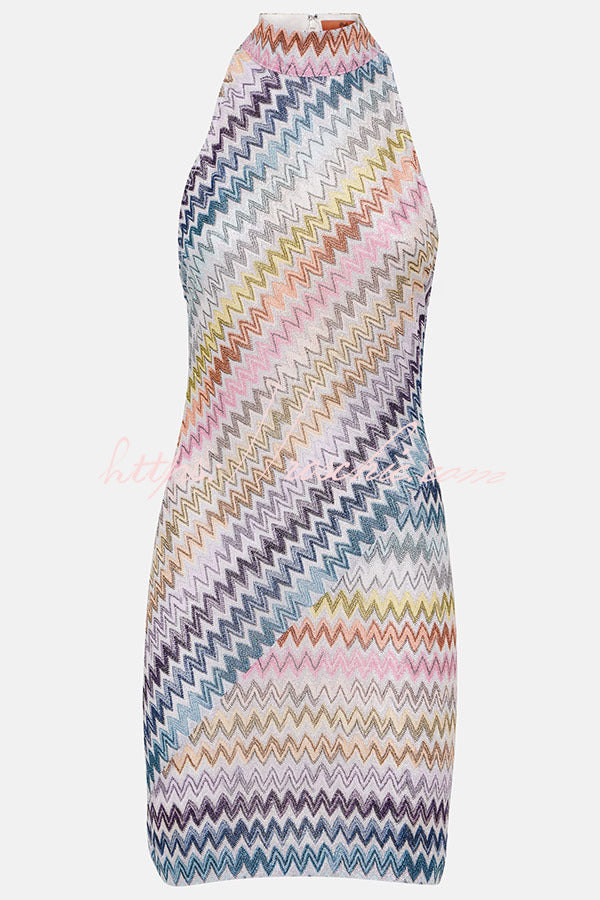 Colorful Zigzag Knit High Neck Sleeveless Mini Dress