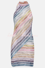 Colorful Zigzag Knit High Neck Sleeveless Mini Dress
