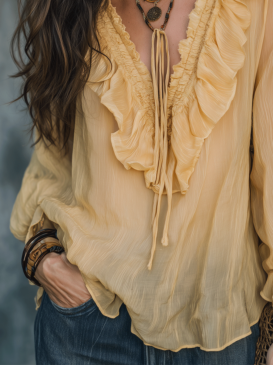 Sheer Ruffle Tie-Neck Long Sleeve Blouse, Relaxed Boho Fit