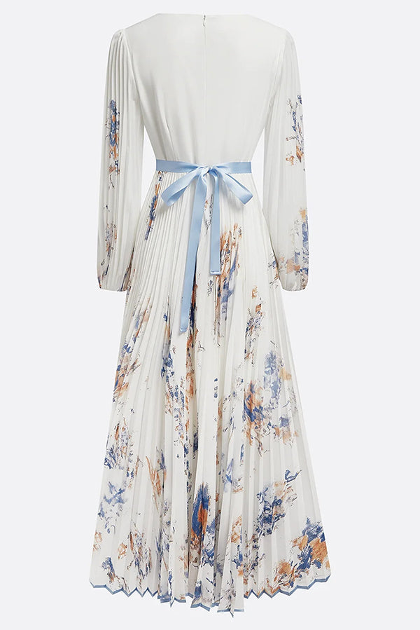Printed V-Neck Bow-Tie Waist Maxi Dress – Long Sleeve