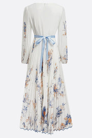 Printed V-Neck Bow-Tie Waist Maxi Dress – Long Sleeve