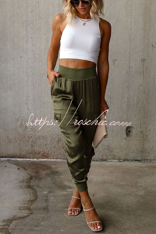 Satin High Waist Joggers with Pockets – Ankle Length