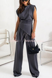 Ruched Shoulder Wide Leg Pants Set with Pockets