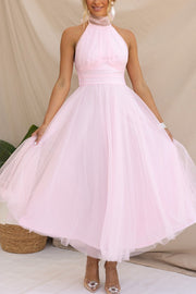 Tulle Halter Maxi Dress with Gathered Detail