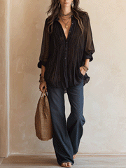 Black Chiffon Pleated Blouse – Relaxed Bohemian Fit