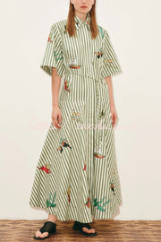 Linen Blend Striped Maxi Dress with Belt & Collar
