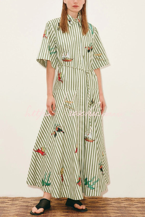 Linen Blend Striped Maxi Dress with Belt & Collar
