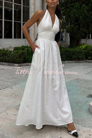 Linen Blend Halter Neck Backless Maxi Dress