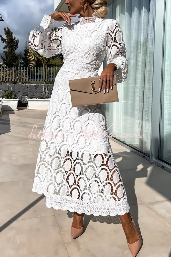 Robe midi à manches lanternes en dentelle au crochet pour les fêtes