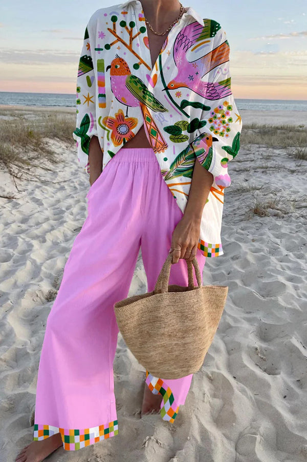 Bird Print Oversized Shirt & Pants Set with Elastic Waist