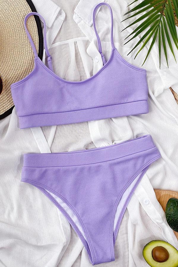 Purple Rib-Knit High-Waisted Padded Tankini Top