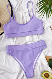Purple Rib-Knit High-Waisted Padded Tankini Top