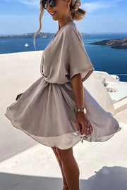 Batwing Sleeve Satin Mini Dress – Loose Fit V-Neck
