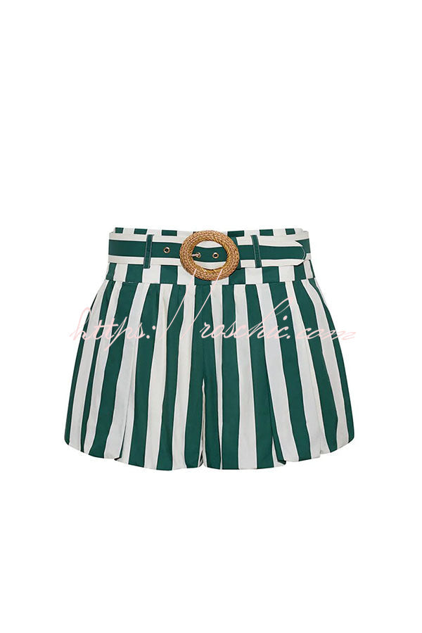 Striped Smocked Tank & Bubble Shorts Set with Raffia Belt