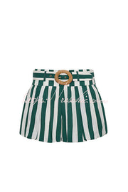 Striped Smocked Tank & Bubble Shorts Set with Raffia Belt