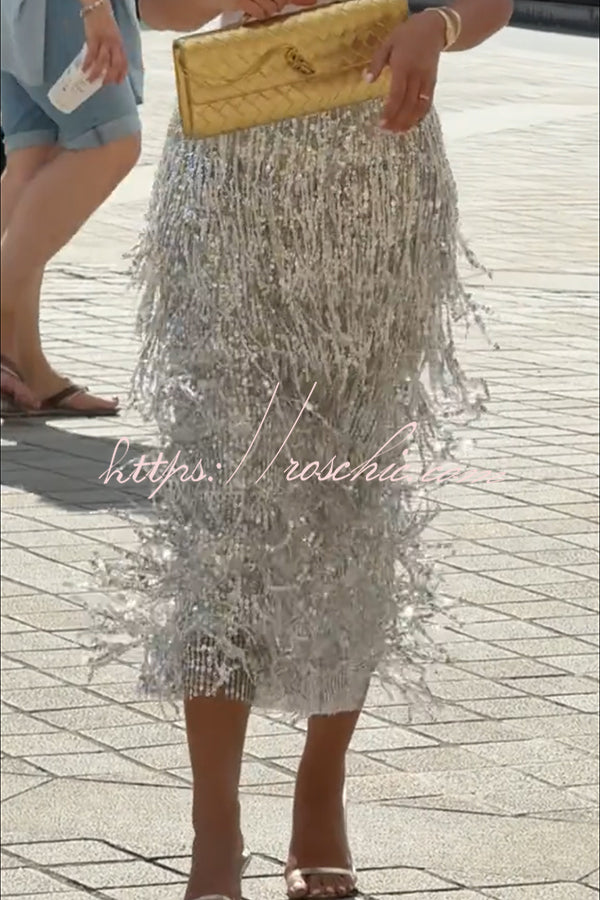 Sequin Midi Skirt with Layered Tassels and Back Slit