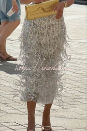 Sequin Midi Skirt with Layered Tassels and Back Slit