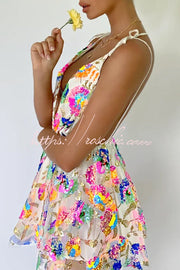 Sequin Floral V-Neck Open Back A-Line Mini Dress