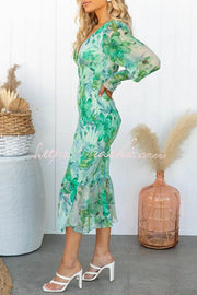 Floral Smocked Waist Long Sleeve Midi Dress