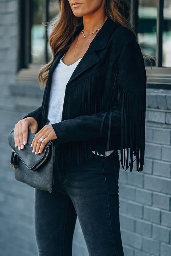 Cropped Faux Suede Jacket with Fringe Detail