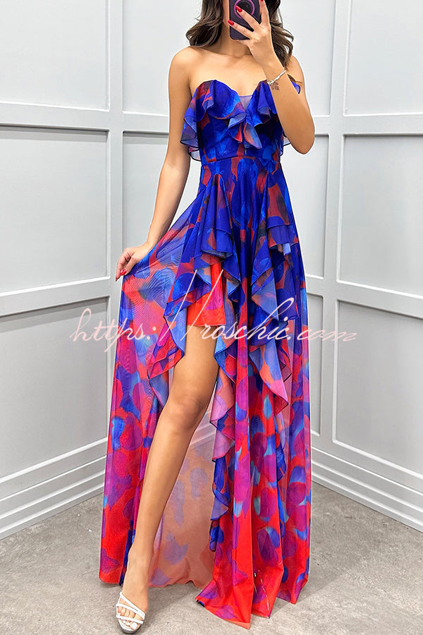 Gradient Print Strapless Maxi Dress with Layered Ruffles
