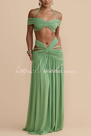 Stretch Mesh Sweetheart Crop Halter Top with Gold Detail