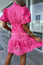 Crochet Lace Puff Sleeve Mini Dress – High Neck Party