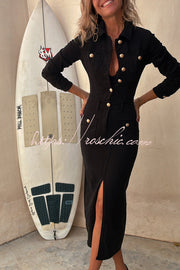 Denim Midi Dress with Button-Zip Shirt Neck & Pencil Slit