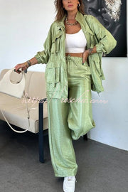 Metallic Wide Leg Pants with Elastic Waist & Pockets