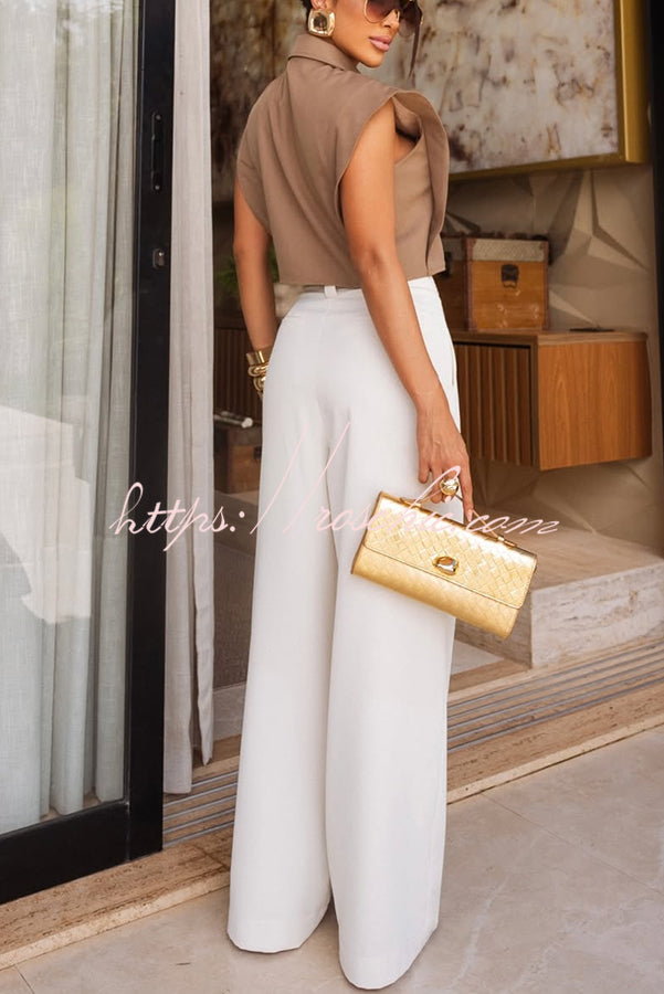 High Rise Wide Leg Pants with Elastic Waist & Pockets