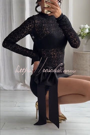 Satin Bow Appliqué Mid Rise Lace Hem Mini Skirt