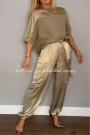 Satin Half-Sleeve Top & Elastic Waist Pants Set