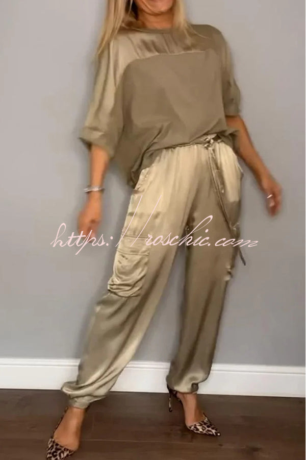 Ensemble haut à manches mi-longues en satin et pantalon à taille élastique