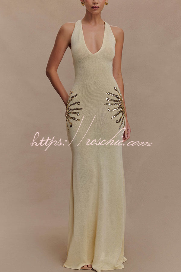 Sequin Knit Maxi Dress with Open Cross-Strap Back